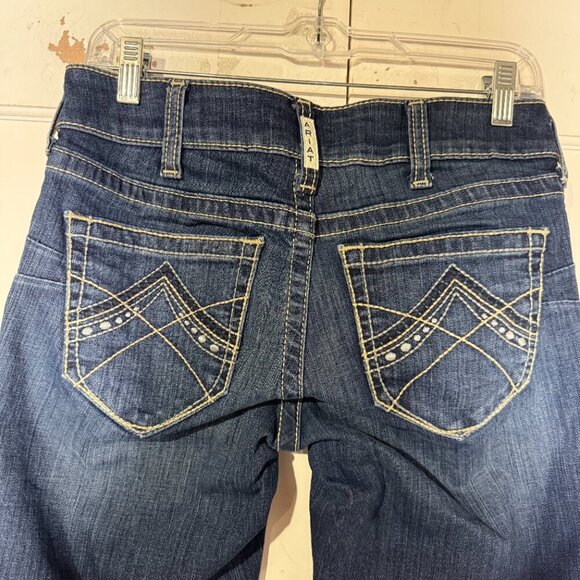 Ariat REAL Bootcut Riding Jeans Whipstitch Dark Blue Low Rise Fray Hem Size 28 - Picture 9 of 14
